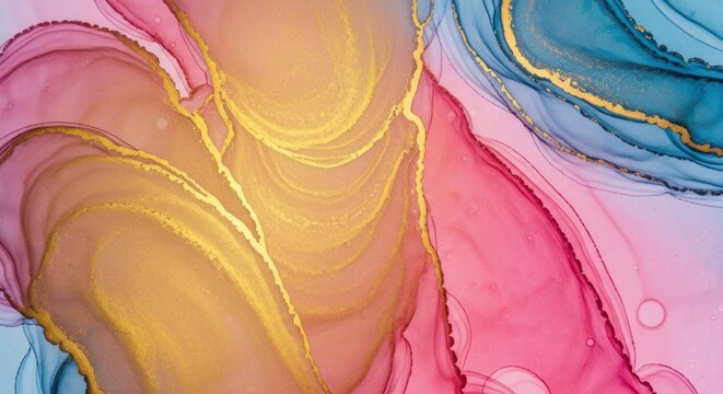 Fluid abstract art with blue, pink, and gold swirling like smoke or water