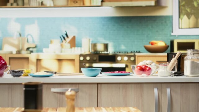 Modern kitchen filled with fresh pizza ingredients on the countertop, including cheese, salami and pepperoni. Utensils and baking tools sit neatly arranged for homemade food preparation.