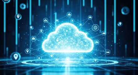 Glowing blue cloud surrounded by icons over a network of lines