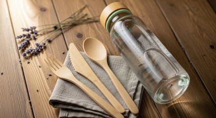 Eco-friendly bamboo cutlery set and glass bottle on rustic wooden table