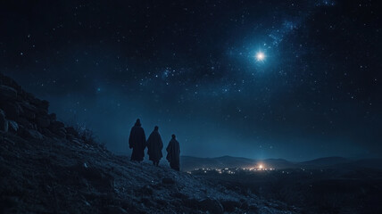 Three wise men and the Star of Bethlehem above desert landscape