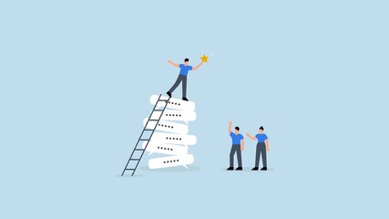 Communication for success, businessman ascends via conversation bubble to touch star. - Powered by Adobe