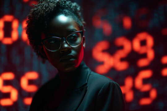 Student using AI artificial intelligence technology & machine learning. Black financial data analyst analysing stock market graph trends. AI in trading. Interactive technology. Smart tech innovation	 - Powered by Adobe