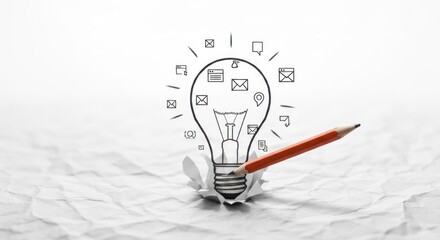 Idea bulb drawn with pencil piercing crumpled paper, icon thoughts above