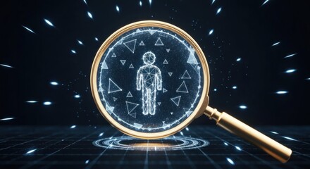 Human outline under magnifying glass with techy lines and dark background