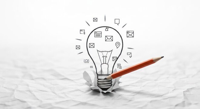 Idea bulb drawn with pencil piercing crumpled paper, icon thoughts above