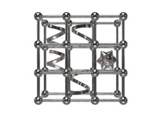 Abstract Silver Metal Grid Structure with Spiral and Star Elements in 3D Render Reflecting Light on Transparent Background
