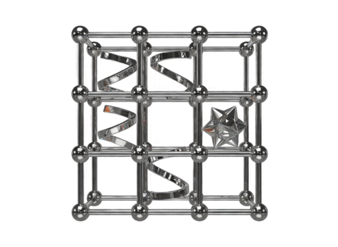 Abstract Silver Metal Grid Structure with Spiral and Star Elements in 3D Render Reflecting Light on Transparent Background