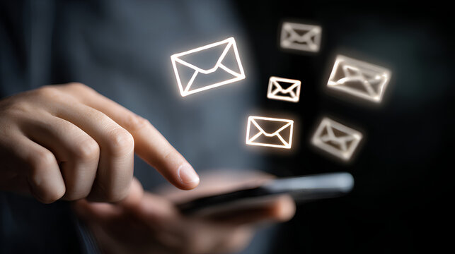 Person checking email icons floating above. Concept of digital communication, mobile inbox, real-time notification, and online message system.