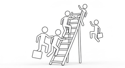 Line-art drawing People climb ladder, one jumps, two on ladder, one below