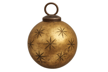 Golden christmas bauble featuring etched stars and antique finish. Festive holiday decoration with transparent background