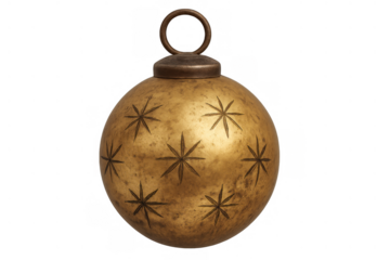 Golden christmas bauble featuring etched stars and antique finish. Festive holiday decoration with transparent background