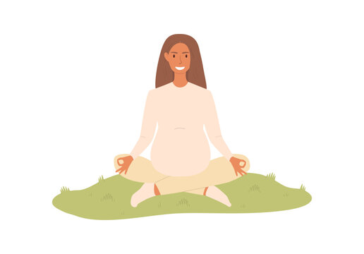 Vector illustration of a pregnant woman practicing yoga outdoors. She sits in a lotus pose on the grass, calm and relaxed. Concept of motherhood, mindfulness, and healthy lifestyle.