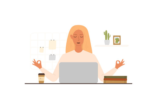 Flat vector illustration of a woman meditating in the workplace, sitting in front of a computer. The concept of relaxation and meditation during the working day to avoid stress and burnout.