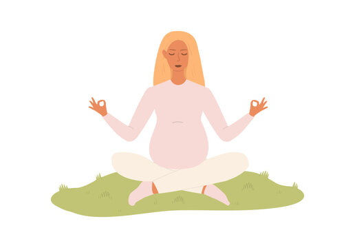 Pregnant woman doing yoga outdoors. She is sitting in the lotus position on the grass with her eyes closed, calm and relaxed. The concept of motherhood, mindfulness and a healthy lifestyle.