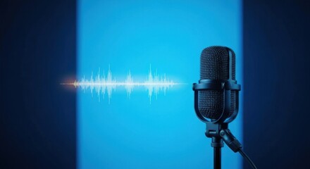 Microphone captures a sound wave against a blue backdrop