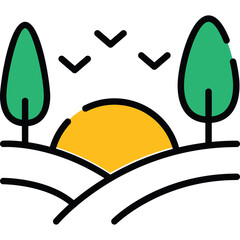 Stylized Landscape at Sunrise With Two Green Trees And Yellow Sun Over Rolling Hills With Birds Flying Overhead