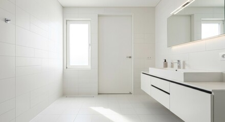 Minimalist, all-white bathroom interior with natural light from a window