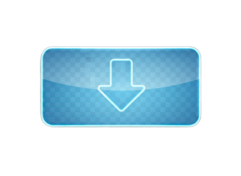 A Translucent Blue Rectangular Button With A Downward Arrow Icon And A Glowing Neon Outline On A Transparent Background