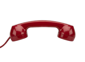 A Vintage Red Telephone Handset Rests Against a Stark Black Background Isolated with a Transparent Background and Minimalist Presentation