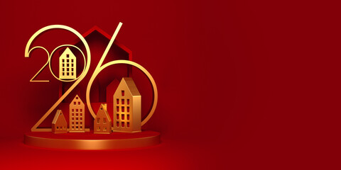 2026 New Year illustration with abstract golden houses. 3D render.