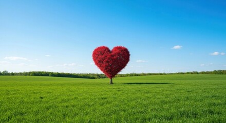 Red heart-shaped tree stands tall in a lush green field under a clear blue sky