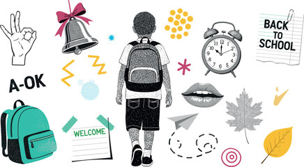 Back to School Boy Walking with Backpack Surrounded by School Icons