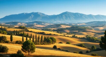 Rolling golden Tuscan hills under a bright blue sky with distant mountains