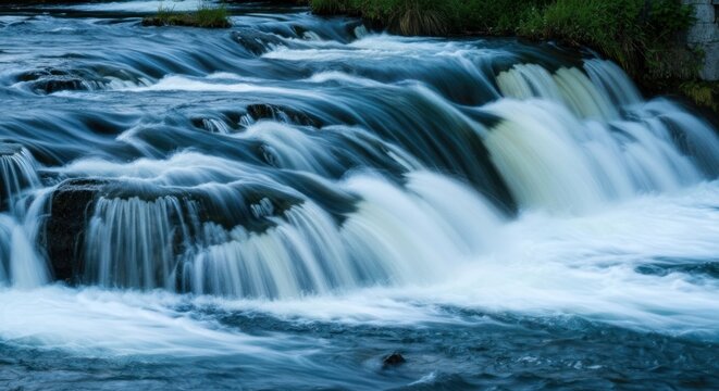 Rushing water over dark rocks forms a short, wide waterfall in a lush setting