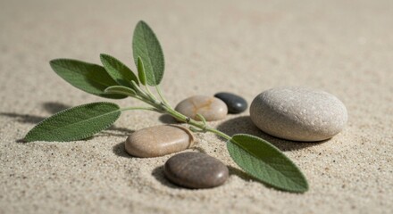 Sage leaves & small stones arranged on sand. Simple & calming image