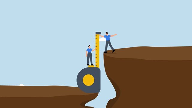 Gap analysis, business people measuring gap between cliff.