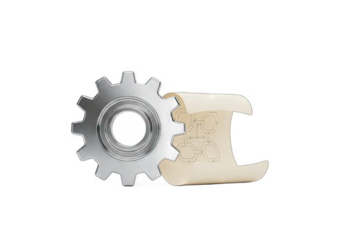 Close Up Of A Metal Cogwheel Interlocking With A Rolled Scroll On A Transparent Background Representing Engineering And Documentation Concepts