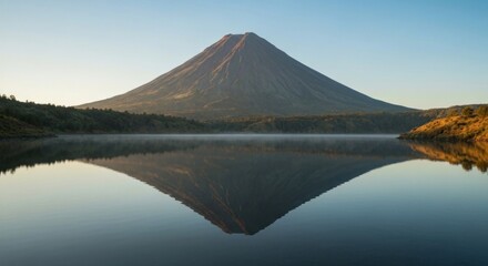 Serene mountain mirrored in still water, under a clear sky