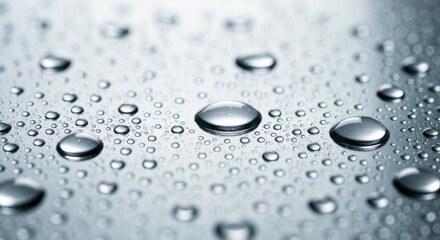 Shiny water droplets clumped on a grey surface