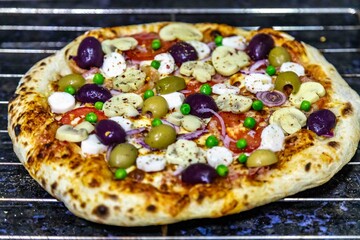 The most authentic Brazilian rustic pizza, with vegetables and ham. Homemade artisanal pizza baked in a wood-fired oven. The most perfect pizza in the world.