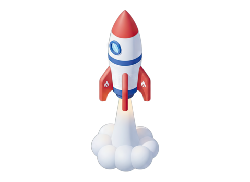 Cartoon Rocket Ship Launching Upward With White Smoke From Launch Pad Against A Blue Sky Background With Clear Transparent Background