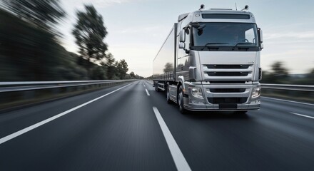 Silver truck speeding on highway with motion blur, green trees