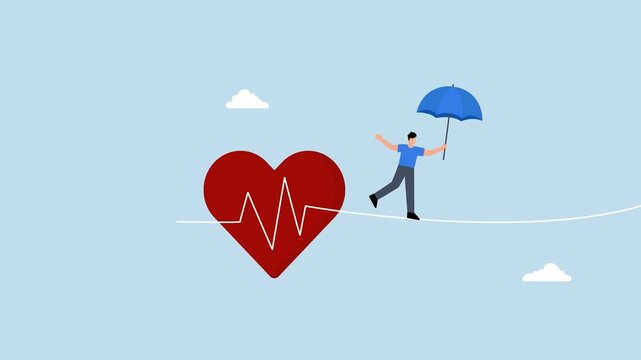 Health insurance, robust individual with an umbrella safeguard traverses perilous path with heartbeat reminiscent of tightrope walking.
