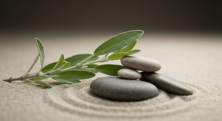 Small stack of stones & a branch on raked sand, muted tones, spa-like, serene