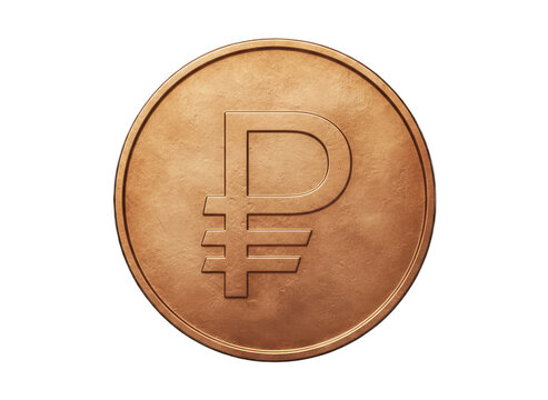 Close Up of a Textured Bronze Coin with a Ruble Symbol Centered Against a Transparent Background Illuminated by Soft Light