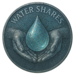 Close up of a round coin with Water Shares inscription, showing two cupped hands holding a large droplet, patinated blue gray metal, centered composition, moody finish.
