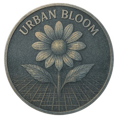 A round coin presents a raised daisy with two leaves over a geometric grid, URBAN BLOOM arcs at the top. Textured matte patina and fine relief details stand out.