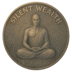 A round coin shows a robed monk seated in lotus with hands in mudra, SILENT WEALTH above. Matte sand tone and low relief texture suggest ancient medal style.