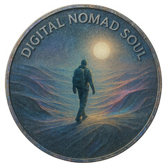 A round coin shows a backpacked traveler walking over dune like terrain toward a bright sun or moon, with DIGITAL NOMAD SOUL along the rim in cool blue and violet tones.