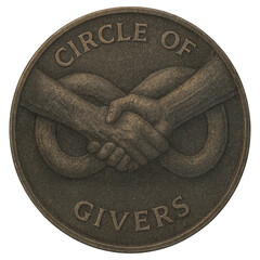 A bronze coin shows two forearms clasping in a handshake, an infinity loop behind, and the words Circle of Givers, lit softly to reveal patina and relief detail.