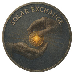 A round coin reads Solar Exchange as two hands pass a sun medallion with rays. Antique gold and slate tones, textured relief, conceptual renewable energy theme.