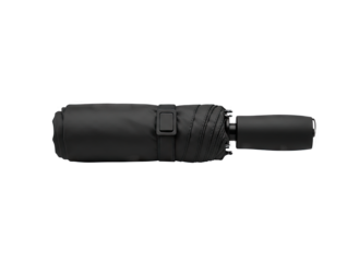 Closed Black Umbrella with Textured Handle and Buckle Closure Isolated on Transparent Background Detailed Product Shot