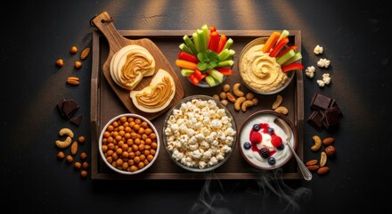 Assorted snacks including fruit, vegetables, nuts, and yogurt are arranged on a tray.