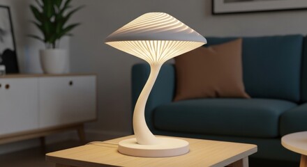 Modern mushroom-shaped lamp illuminates a cozy living room setting.