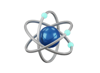 Abstract metallic atomic model with orbiting electrons and a glossy blue nucleus symbolizing science and innovation on a transparent background